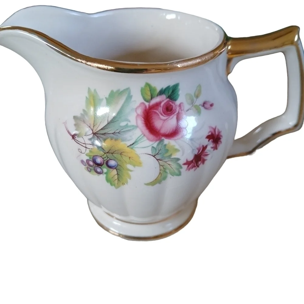 Vintage Sadler Creamer Flowers in Basket Ribbed, Gold Trim Grapes and Roses